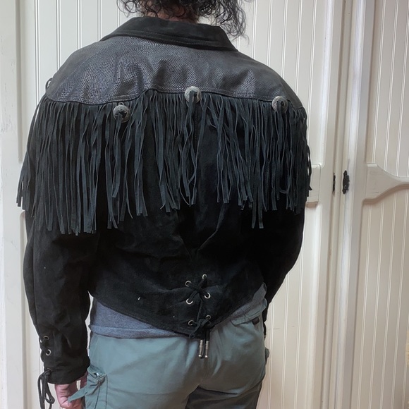 90s Western Fringe Black Leather Jacket M Vintage Cowgirl - Picture 4 of 9